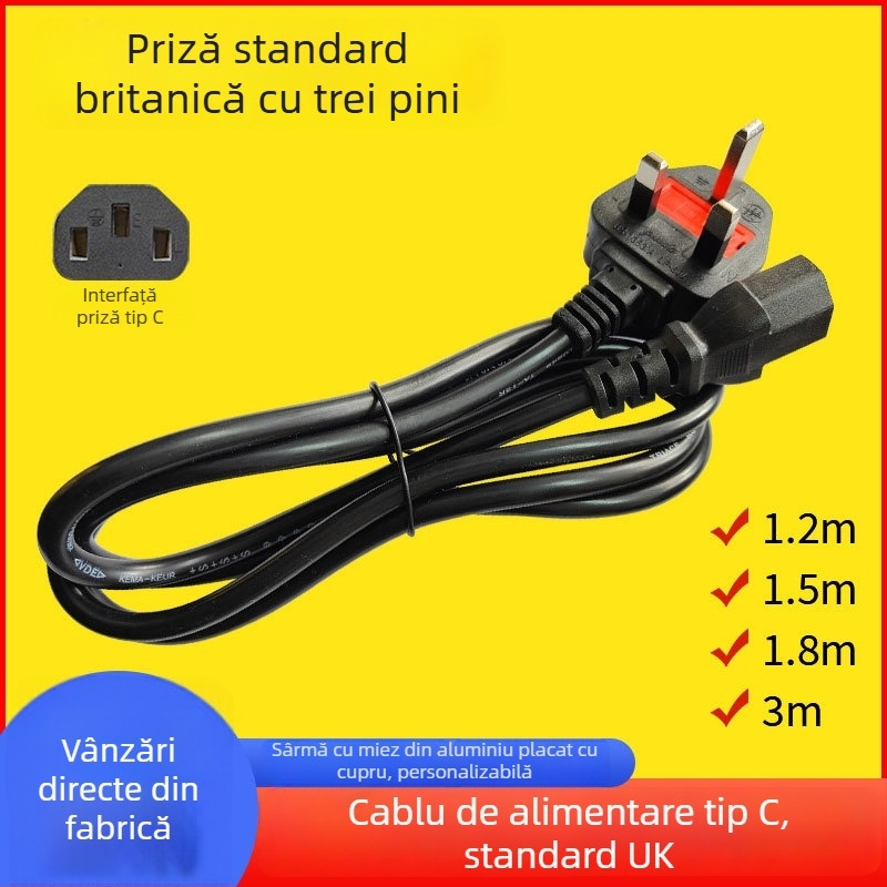 Cablu de alimentare din aluminiu cu acoperire de cupru, 3 conductori, britanic standard 3-pini, negru, 0,75 mm², lungime 1,2–3 m, conector de capăt