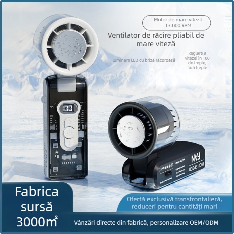 Ventilator de mână pentru răcire, pliabil, afișaj digital, 100 viteze reglabil, carcasă transparentă cu LED