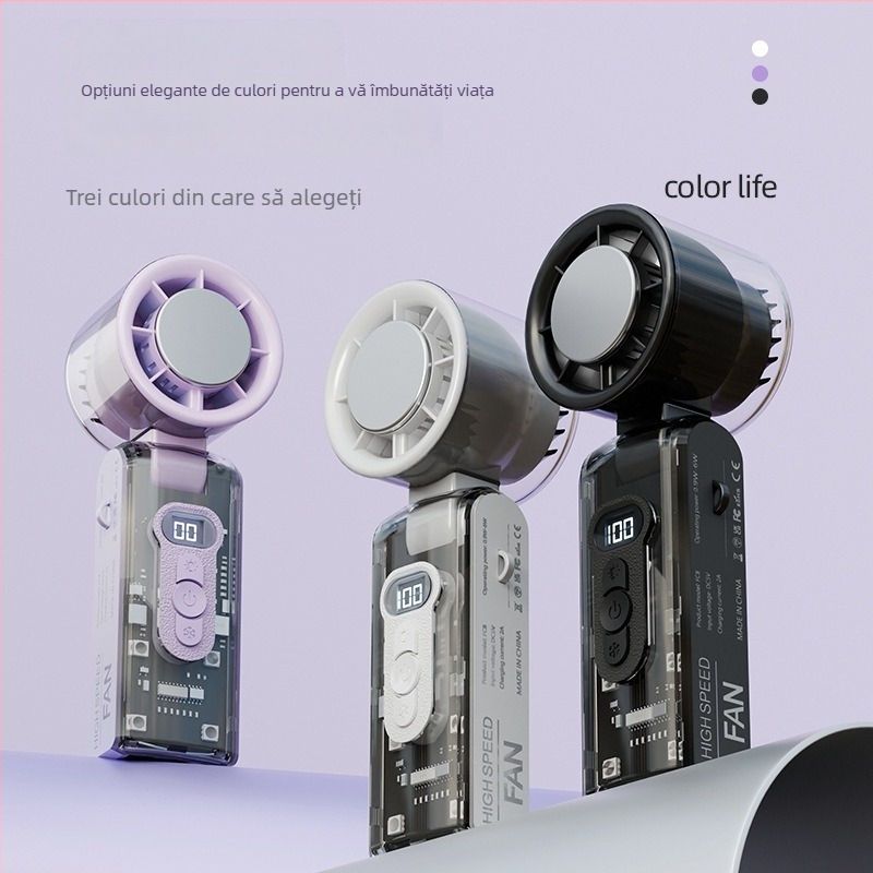 Ventilator de mână pentru răcire, pliabil, afișaj digital, 100 viteze reglabil, carcasă transparentă cu LED