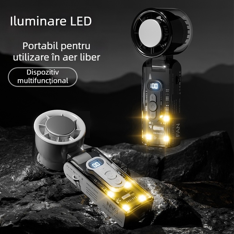 Ventilator de mână pentru răcire, pliabil, afișaj digital, 100 viteze reglabil, carcasă transparentă cu LED