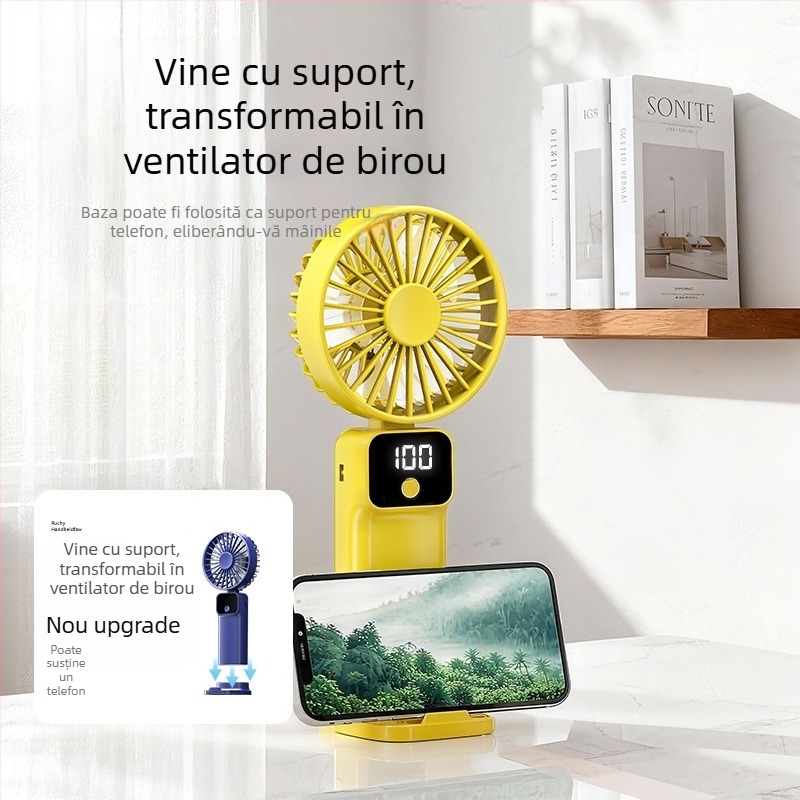 Ventilator de mână mini, reîncărcabil, cu afișaj digital, pliabil, silențios, ușor, briză fină