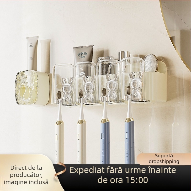Suport de periuțe de dinți montat pe perete, fără găuri, cu suport pentru pahar de clătire și dozator de pastă de dinți