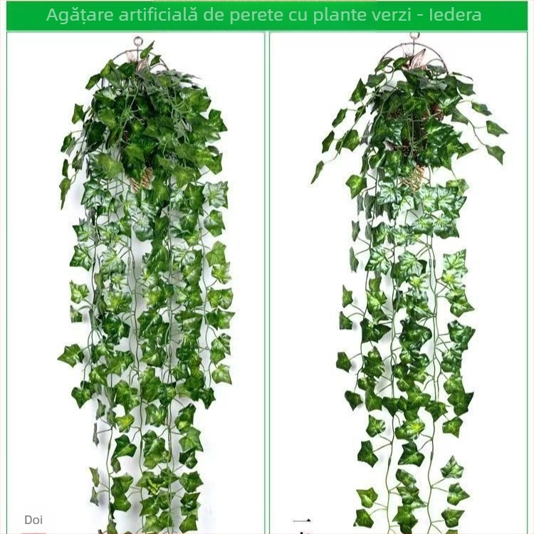 Decorațiune murală din ratan verde cu frunze și coș suspendat – decor pentru perete și tavan în living