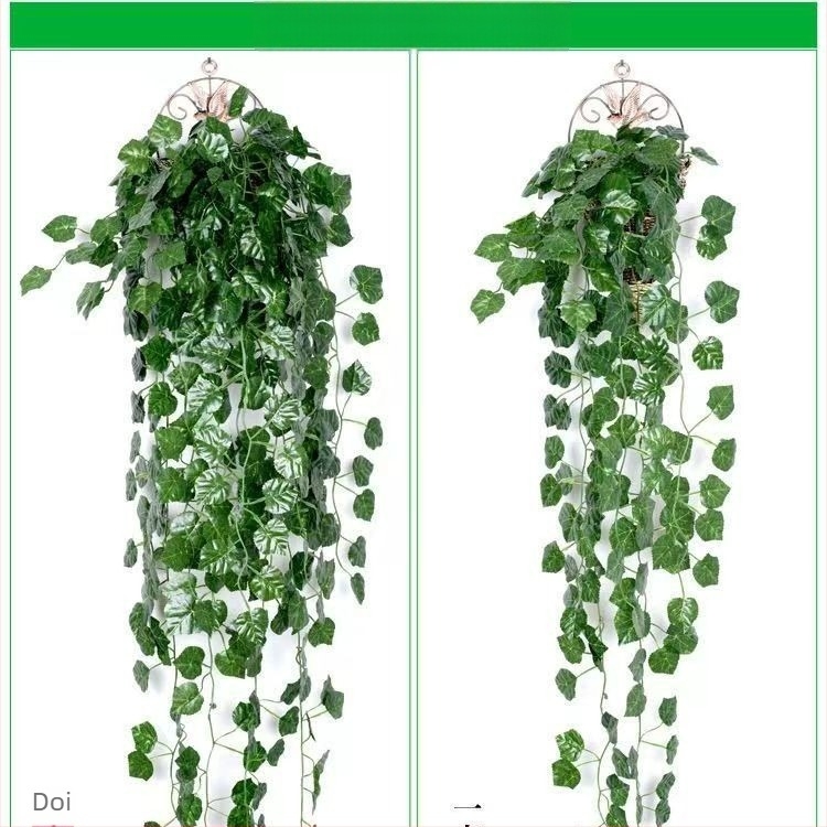 Decorațiune murală din ratan verde cu frunze și coș suspendat – decor pentru perete și tavan în living