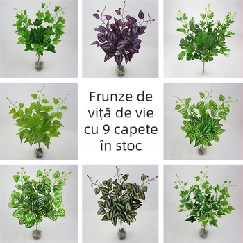 Plantă artificială verde cu 9 frunze pentru decor de perete, include frunze, flori artificiale și viță de vie