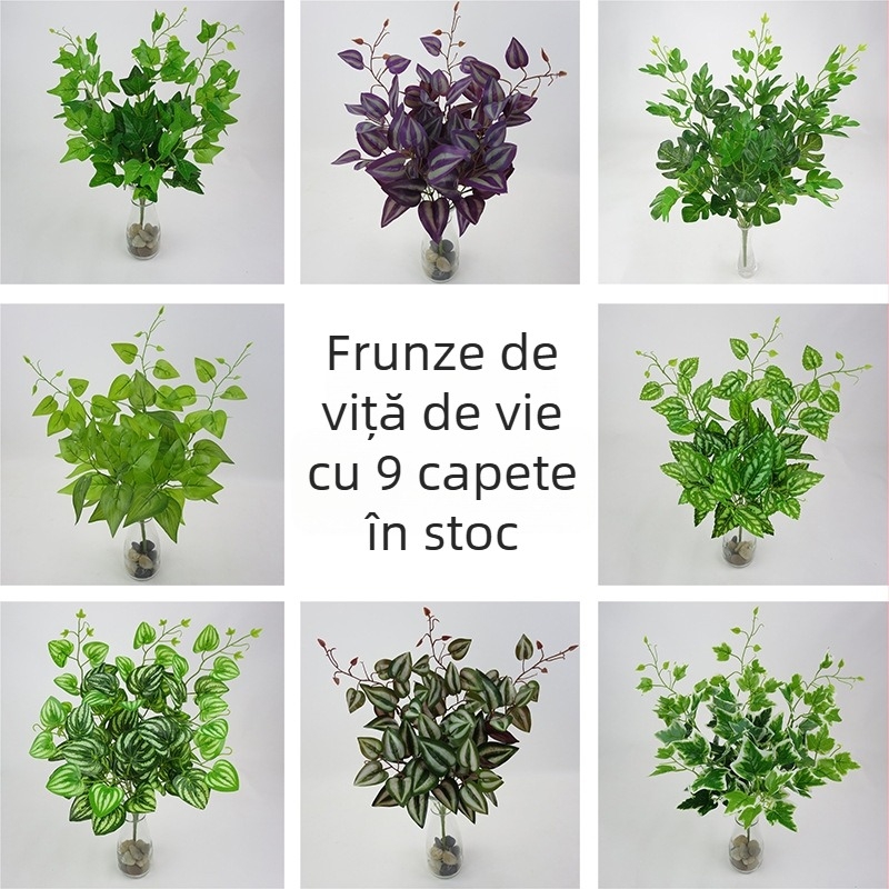 Plantă artificială verde cu 9 frunze pentru decor de perete, include frunze, flori artificiale și viță de vie
