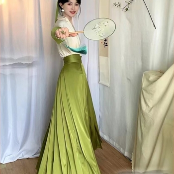 Set Hanfu pentru femei, stil chinezesc, ținută zilnică modernă, fustă plisată verde elegantă, toamnă