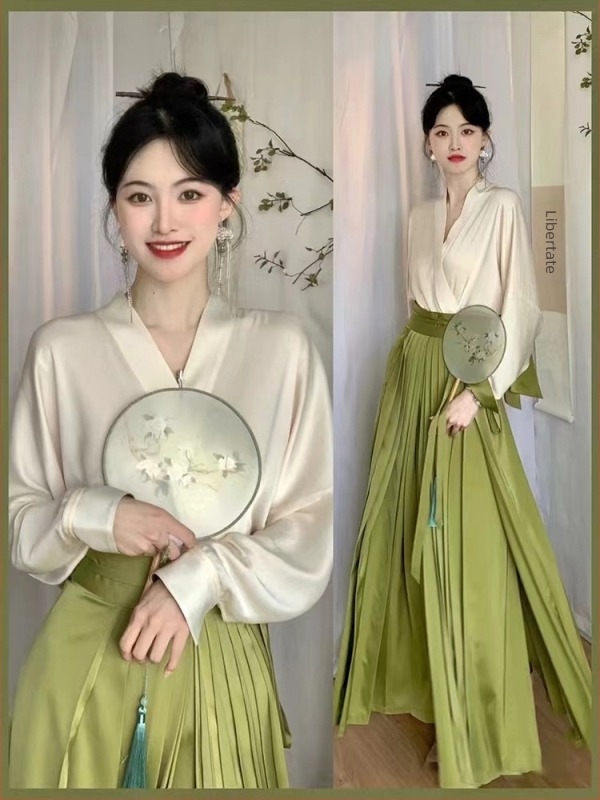 Set Hanfu pentru femei, stil chinezesc, ținută zilnică modernă, fustă plisată verde elegantă, toamnă