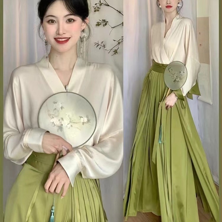 Set Hanfu pentru femei, stil chinezesc, ținută zilnică modernă, fustă plisată verde elegantă, toamnă