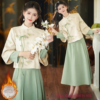 Set Hanfu în stil chinezesc nou: top cu mâneci lungi, deschidere înclinată și guler înalt, șnur, imprimeu, însoțit de fustă