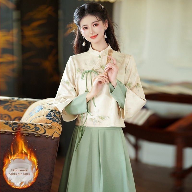 Set Hanfu în stil chinezesc nou: top cu mâneci lungi, deschidere înclinată și guler înalt, șnur, imprimeu, însoțit de fustă