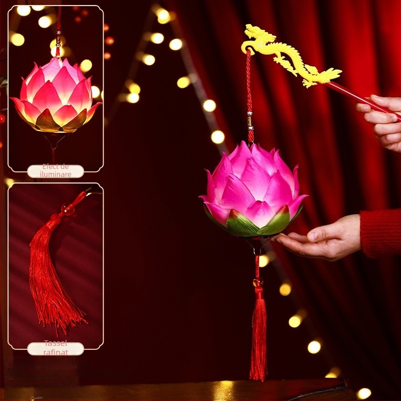 Lanteră portabilă cu lotus pentru spectacole pe scenă, decor luminos în stil chinezesc clasic pentru ședințe foto, diametru 12 cm, înălțime 40.5 cm