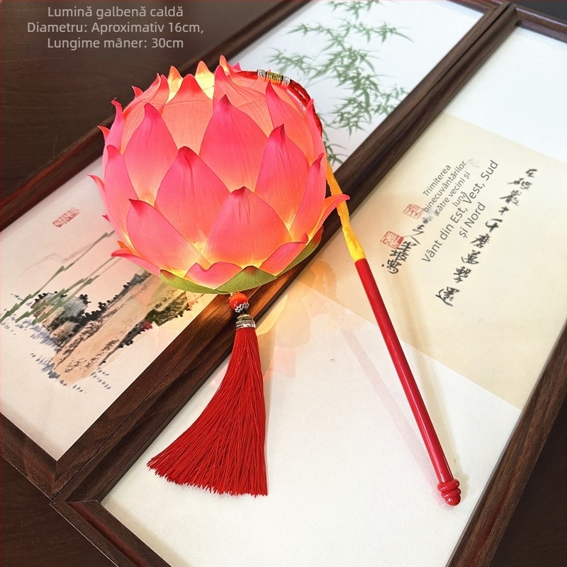 Lanteră portabilă cu lotus pentru spectacole pe scenă, decor luminos în stil chinezesc clasic pentru ședințe foto, diametru 12 cm, înălțime 40.5 cm