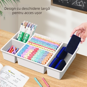 Cutie de depozitare pentru cretă, pentru clasă, cu capacitate mare, compartimente multiple, organizator pentru radieră și tablă și suport pentru pixuri.