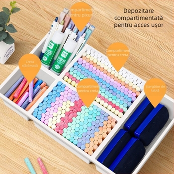 Cutie de depozitare pentru cretă, pentru clasă, cu capacitate mare, compartimente multiple, organizator pentru radieră și tablă și suport pentru pixuri.