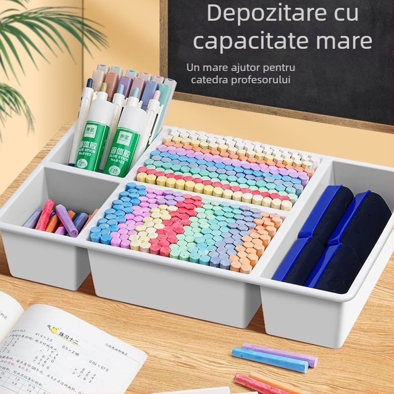 Cutie de depozitare pentru cretă, pentru clasă, cu capacitate mare, compartimente multiple, organizator pentru radieră și tablă și suport pentru pixuri.