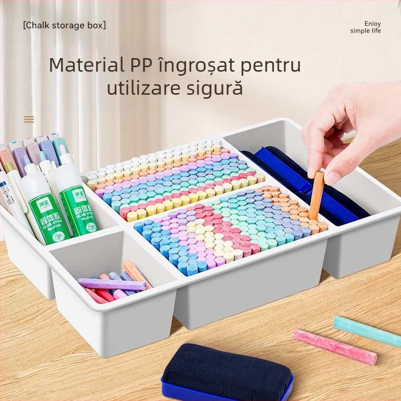 Cutie de depozitare pentru cretă, pentru clasă, cu capacitate mare, compartimente multiple, organizator pentru radieră și tablă și suport pentru pixuri.