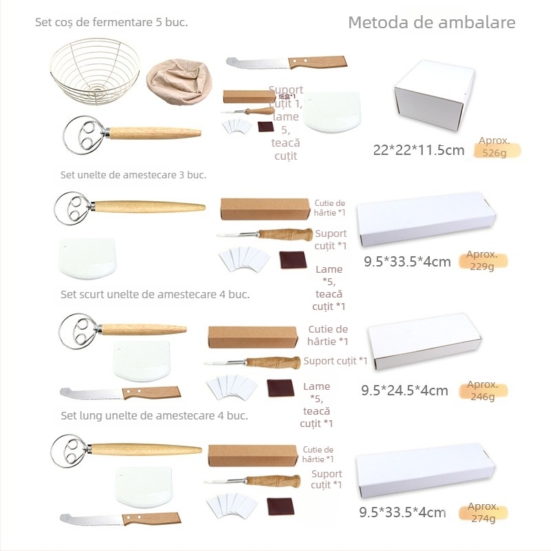 Set de unelte pentru coacere pâine: coș de fermentare din oțel inoxidabil, cuțit pentru tăierea aluatului și mixer pentru aluat