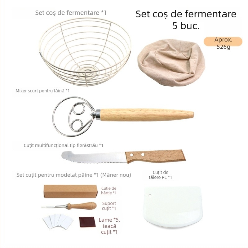 Set de unelte pentru coacere pâine: coș de fermentare din oțel inoxidabil, cuțit pentru tăierea aluatului și mixer pentru aluat