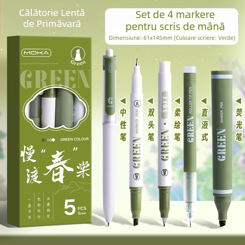 Set Morandi-inspired markers dual-tip pentru notare și planificare, uscare rapidă, acționare prin apăsare, 5 piese