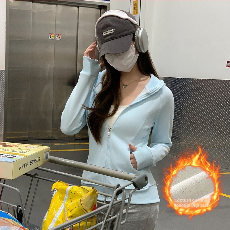 Hanorac damă cu glugă și fermoar, croială slim, stil coreean, mâneci lungi, îmbrăcăminte sport pentru yoga