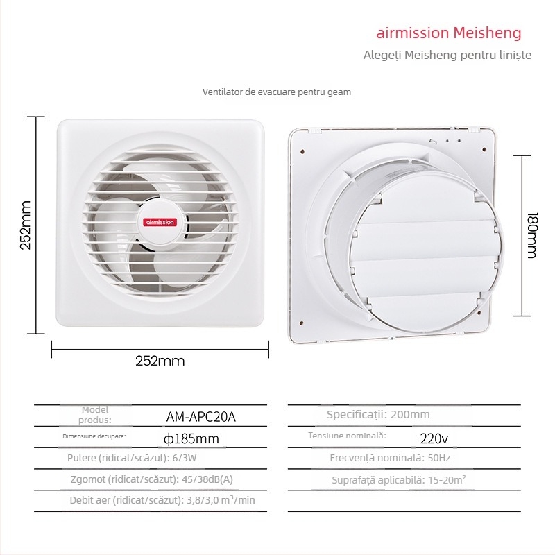 Meisheng APC-A ventilator de evacuare pentru fereastră, DC inverter, silențios, două trepte, pentru baie și bucătărie
