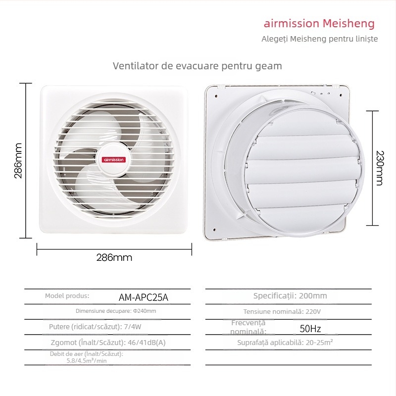 Meisheng APC-A ventilator de evacuare pentru fereastră, DC inverter, silențios, două trepte, pentru baie și bucătărie