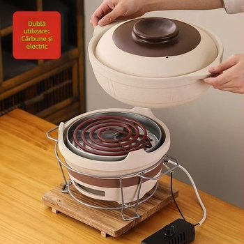 Aragaz clasic cu cărbune, cu utilizare duală electrică și cu cărbune, oală ceramică integrată pentru gătit în vas ceramic, potrivit pentru gătit uscat și utilizare comercială.