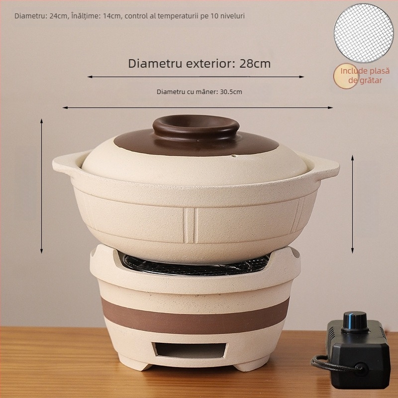 Aragaz clasic cu cărbune, cu utilizare duală electrică și cu cărbune, oală ceramică integrată pentru gătit în vas ceramic, potrivit pentru gătit uscat și utilizare comercială.