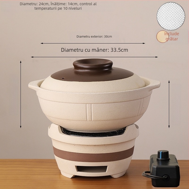 Aragaz clasic cu cărbune, cu utilizare duală electrică și cu cărbune, oală ceramică integrată pentru gătit în vas ceramic, potrivit pentru gătit uscat și utilizare comercială.