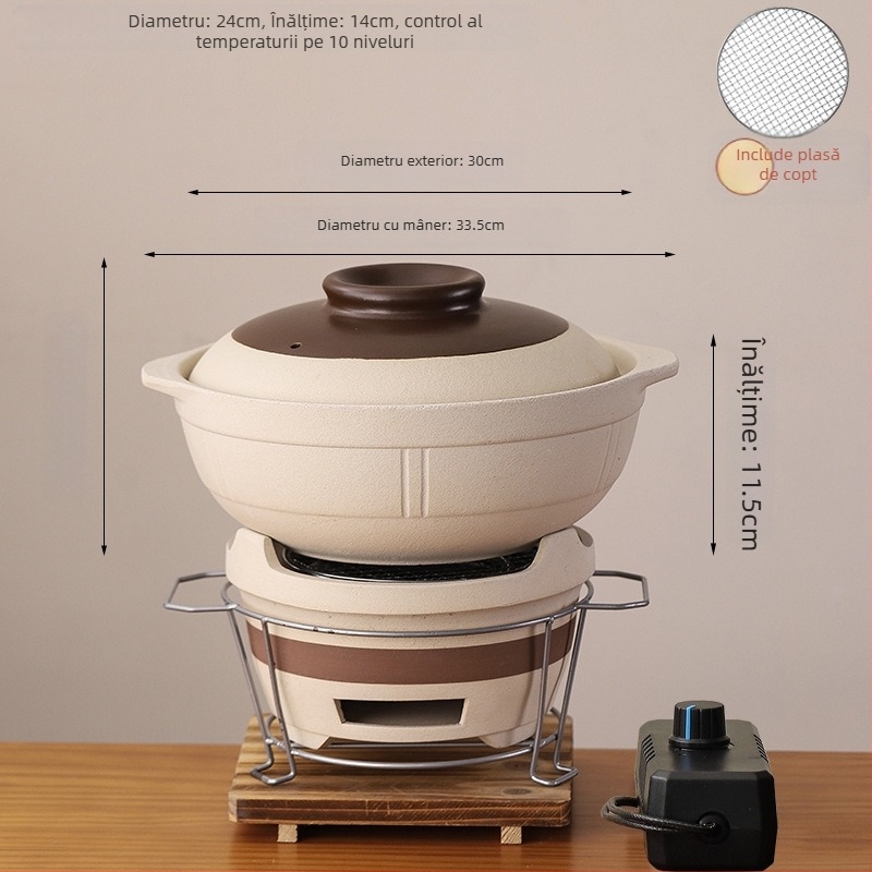 Aragaz clasic cu cărbune, cu utilizare duală electrică și cu cărbune, oală ceramică integrată pentru gătit în vas ceramic, potrivit pentru gătit uscat și utilizare comercială.