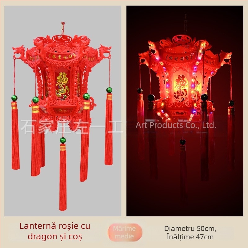 Lanteră LED hexagonală cu dragon – colorată, rotativă, în stil antic, pentru Anul Nou Chinezesc, decor pentru balconul exterior