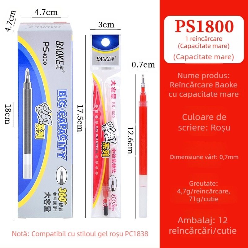 Baoke refil gel rainbow în cutie, 0.7 mm, negru și roșu, capacitate mare, cerneală pe bază de apă