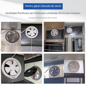 Ventilator de ventilație puternic pentru baie și toaletă, ventilator de evacuare din sticlă pentru bucătărie și baie, montaj în fereastră, deschidere rotundă, design silențios