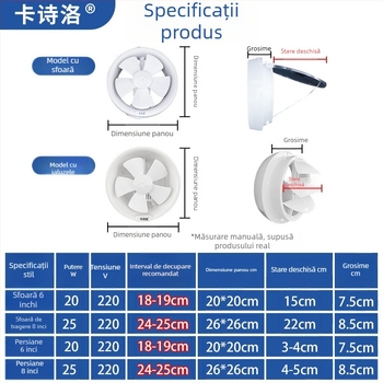 Ventilator de ventilație puternic pentru baie și toaletă, ventilator de evacuare din sticlă pentru bucătărie și baie, montaj în fereastră, deschidere rotundă, design silențios