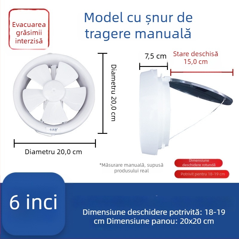 Ventilator de ventilație puternic pentru baie și toaletă, ventilator de evacuare din sticlă pentru bucătărie și baie, montaj în fereastră, deschidere rotundă, design silențios