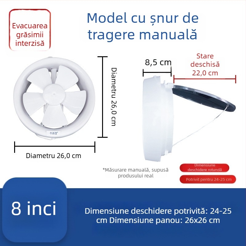 Ventilator de ventilație puternic pentru baie și toaletă, ventilator de evacuare din sticlă pentru bucătărie și baie, montaj în fereastră, deschidere rotundă, design silențios