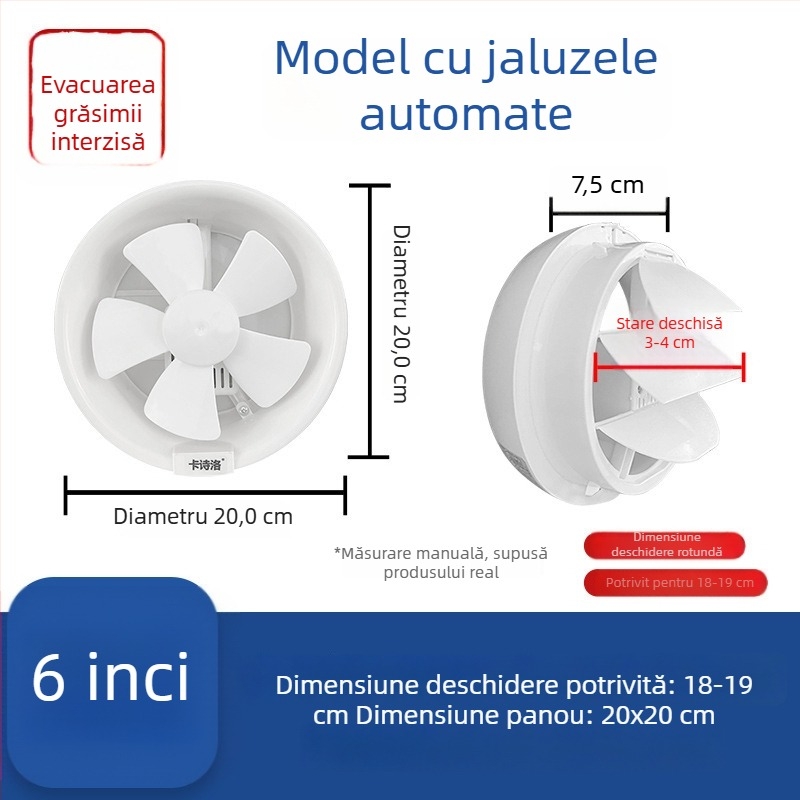 Ventilator de ventilație puternic pentru baie și toaletă, ventilator de evacuare din sticlă pentru bucătărie și baie, montaj în fereastră, deschidere rotundă, design silențios