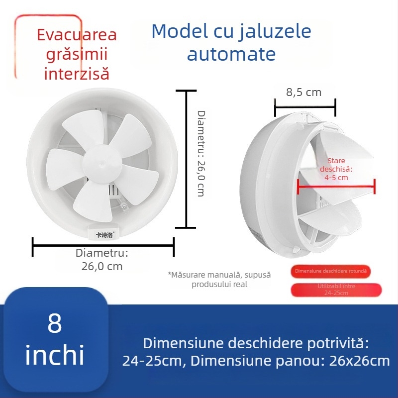 Ventilator de ventilație puternic pentru baie și toaletă, ventilator de evacuare din sticlă pentru bucătărie și baie, montaj în fereastră, deschidere rotundă, design silențios