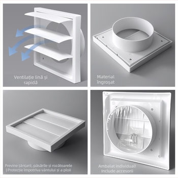 Capac ABS pentru conductă de ventilație, protecție la ploaie, grilă și lamelă reglabilă prin gravitație