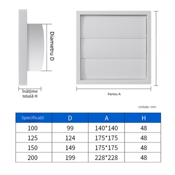 Capac ABS pentru conductă de ventilație, protecție la ploaie, grilă și lamelă reglabilă prin gravitație
