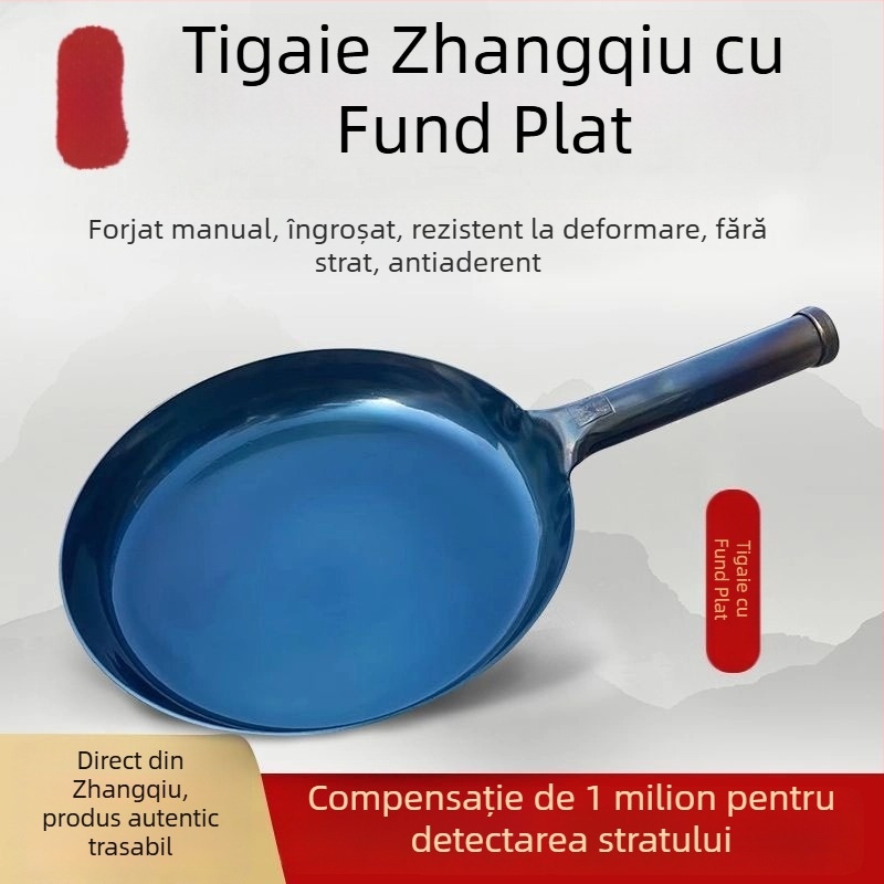Tigaie din fontă forjată, autentică, cu bază plată, fără strat, antiaderentă, pentru prăjit ouă și fripturi