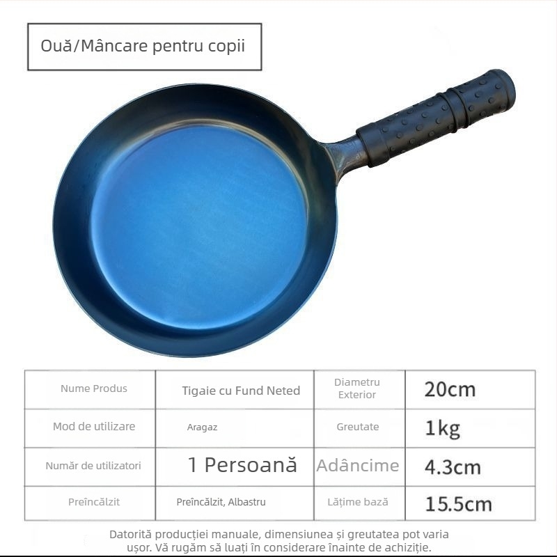 Tigaie din fontă forjată, autentică, cu bază plată, fără strat, antiaderentă, pentru prăjit ouă și fripturi