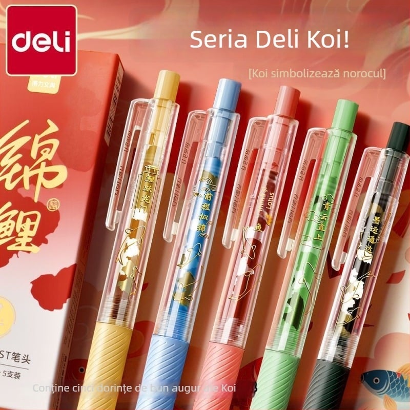 Deli Koi stilou gel retractabil, prindere în formă de nor, cerneală pe bază de apă, uscare rapidă, portabil, 0,5 mm, design în stil chinezesc
