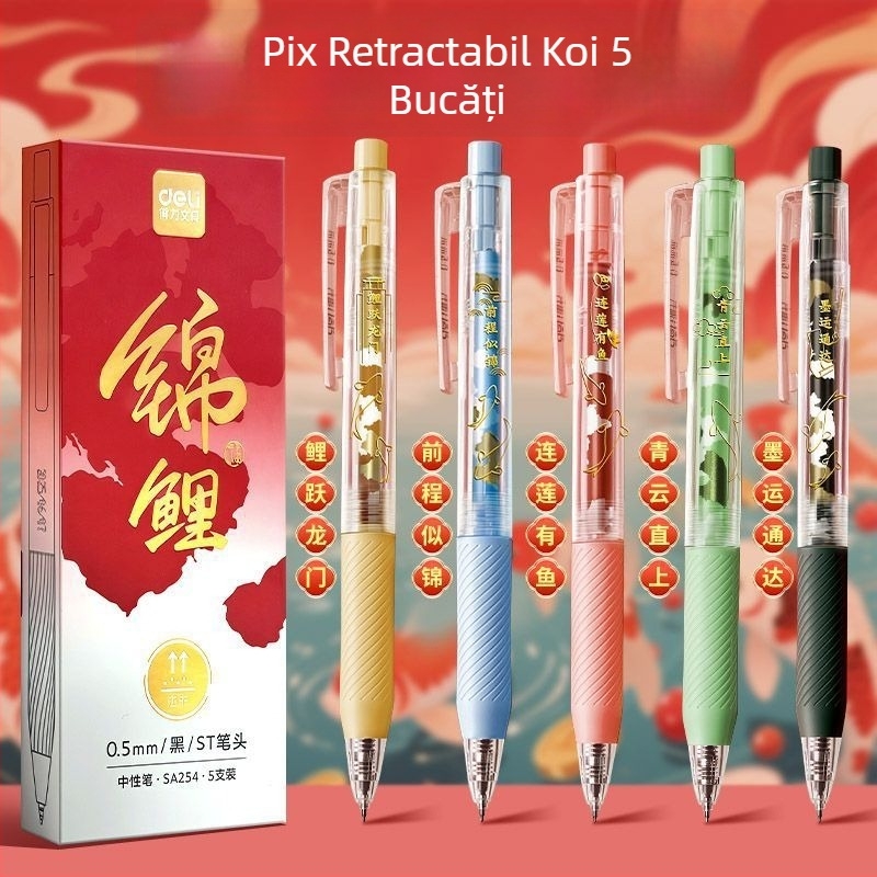 Deli Koi stilou gel retractabil, prindere în formă de nor, cerneală pe bază de apă, uscare rapidă, portabil, 0,5 mm, design în stil chinezesc