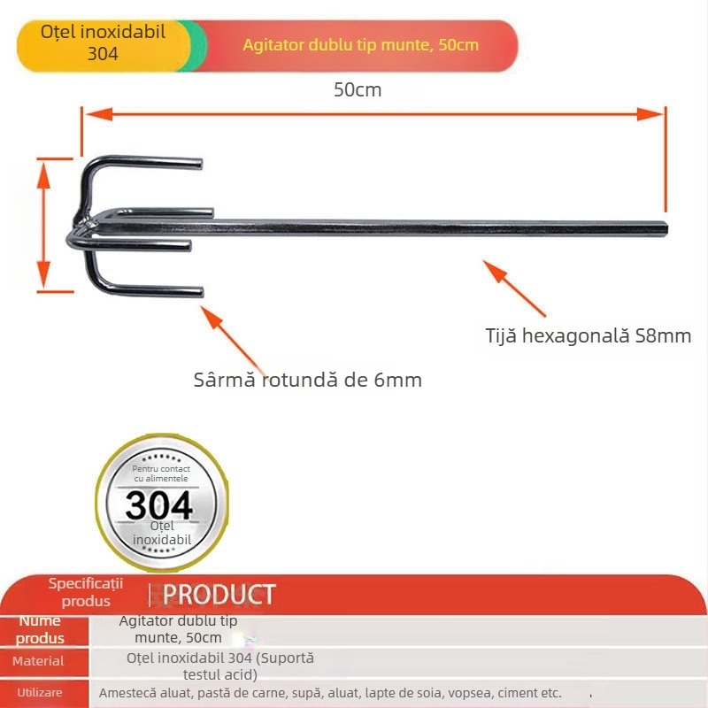 Tija de amestecare din oțel inoxidabil 304, lungă, pentru creme de tort, aluat, supe, vopsea și pudră de chit; compatibilă cu mașina de găurit electrică