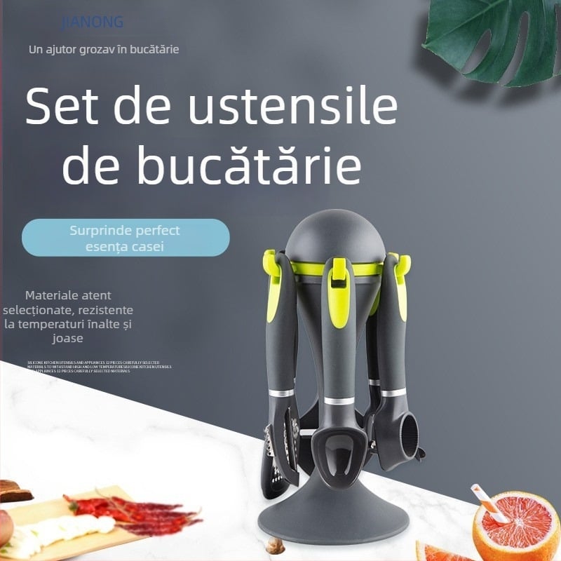 Set de ustensile de bucătărie cu mâner TPR bicolor, stil european/american: lingură pentru înghețată, bilă pentru pepene și spatulă pentru pizza