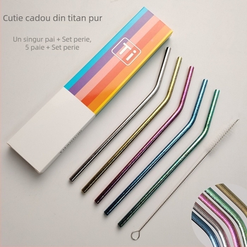Paie din titan pur de 6 mm în cutie colorată, paie titan portabile, îndoite, pentru ceai cu lapte