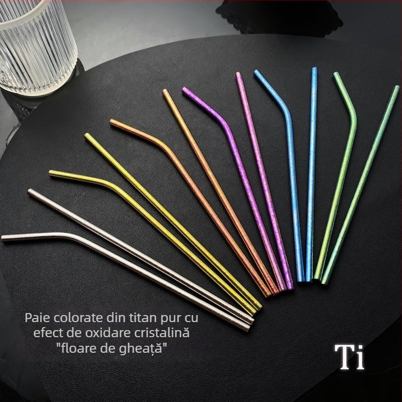 Paie din titan pur de 6 mm în cutie colorată, paie titan portabile, îndoite, pentru ceai cu lapte