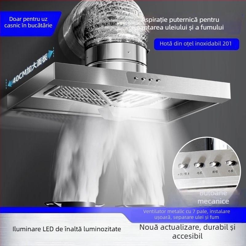 Ventilator de evacuare a fumului din bucătărie, din oțel inoxidabil, cu conductă presurizată și aspirație puternică